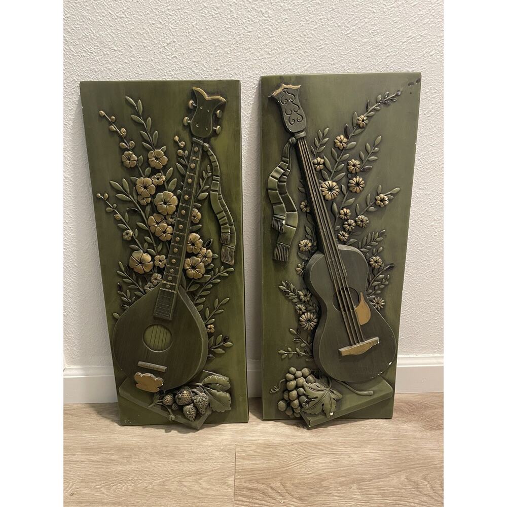 Vintage Progressive Art Products 1982 3D Wall Plaques Pair Mandolin Cello 23.5in